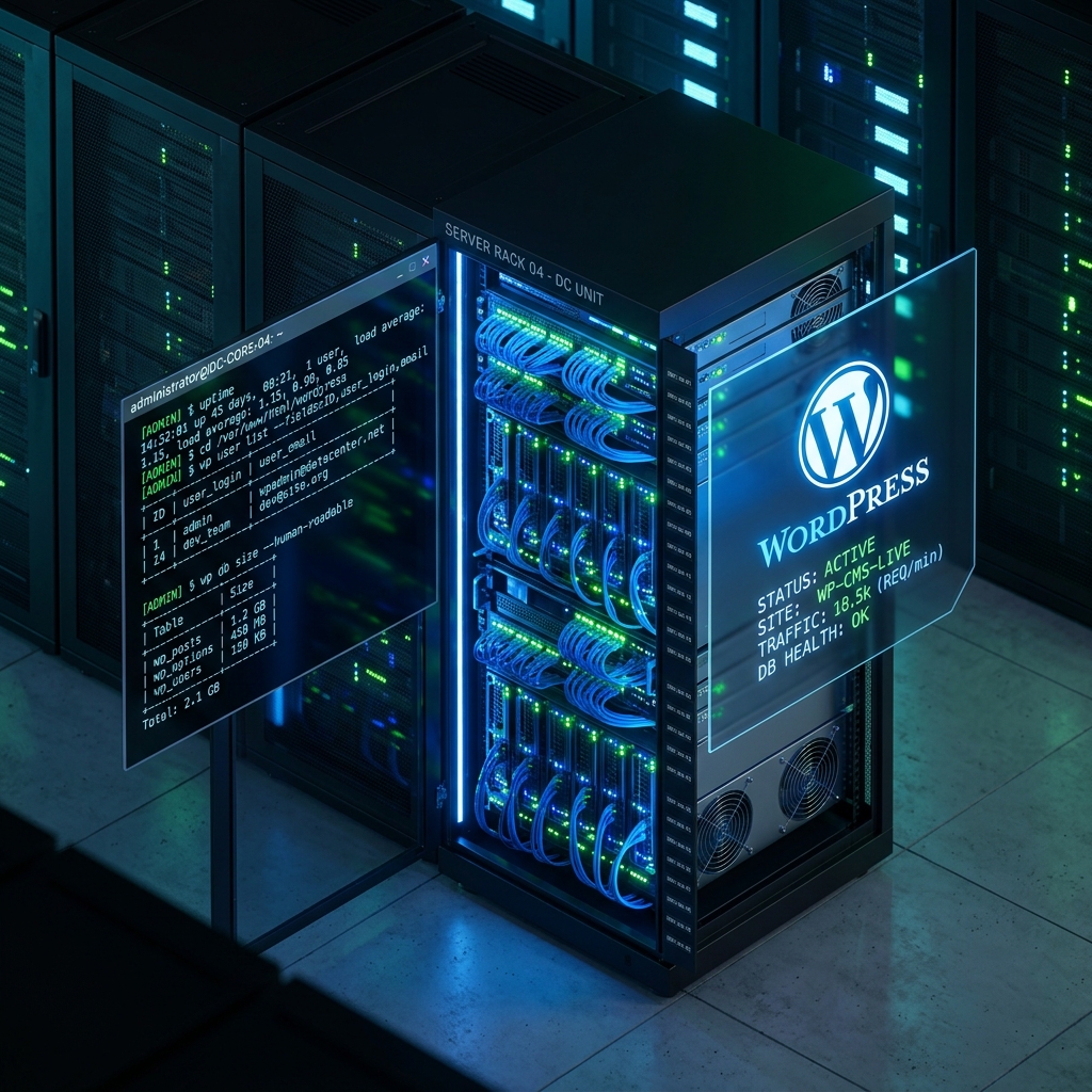 High-tech server rack with WordPress status dashboard