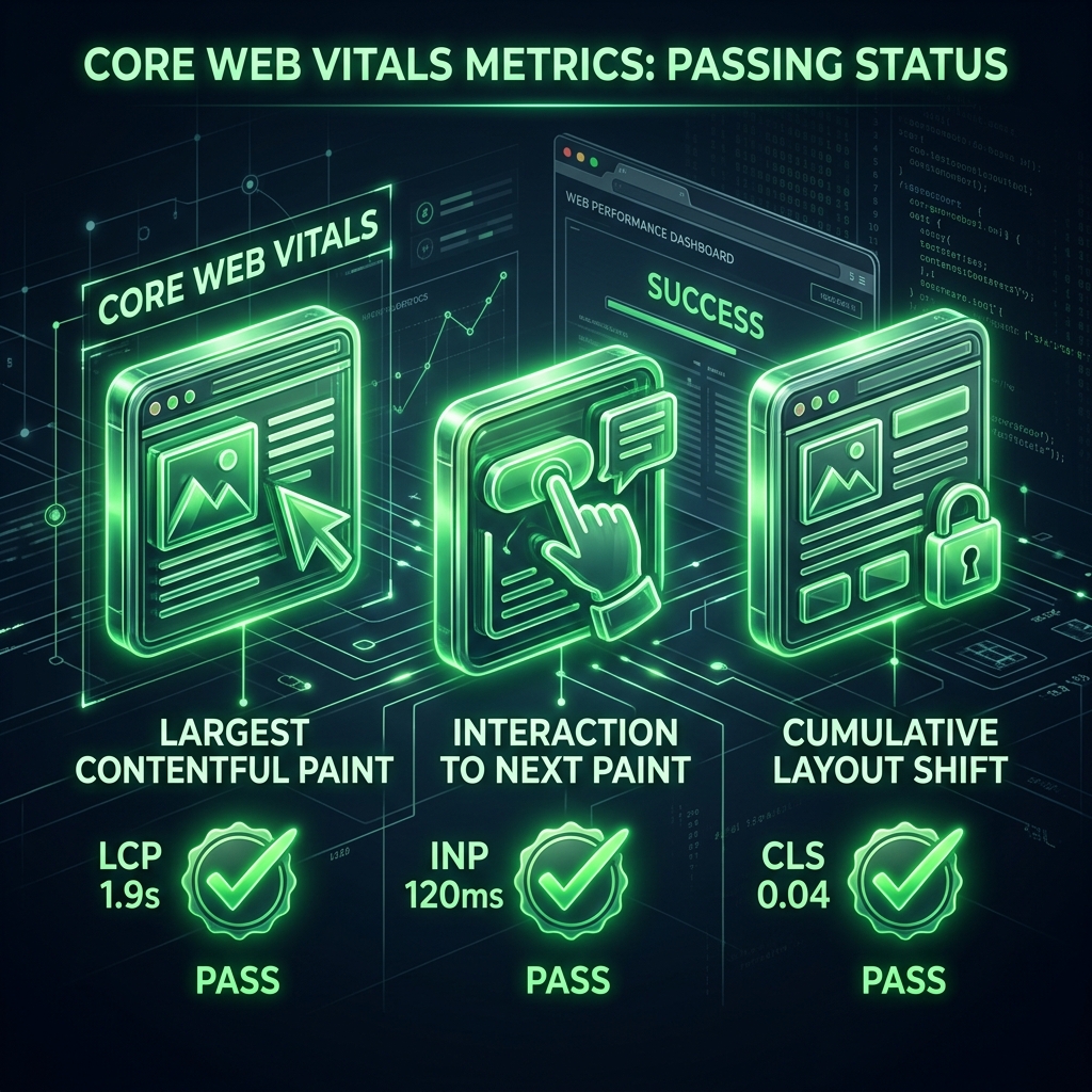 Glowy 3D icons representing LCP, INP, and CLS with passing status